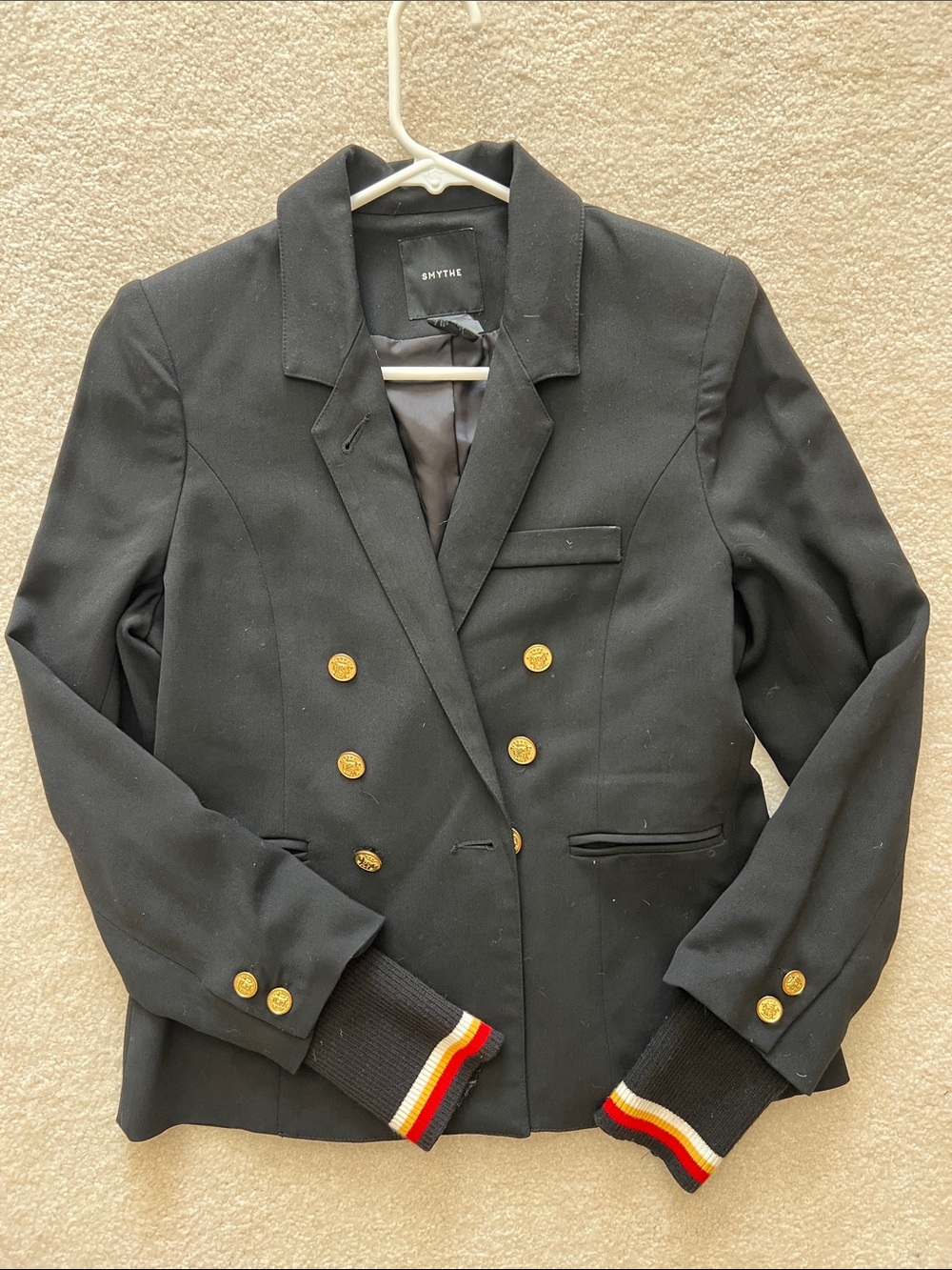 Smythe Black Double-Breasted Blazer with Knit Stripe Cuffs. Size 4.